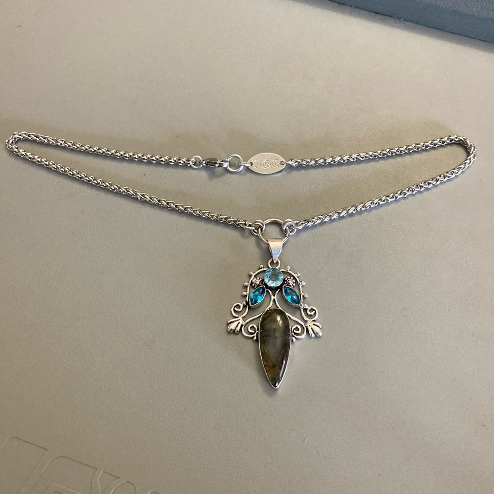 925 Sterling silver overlay natural labradorite sapphire aquamarine necklace - Picture 12 of 16